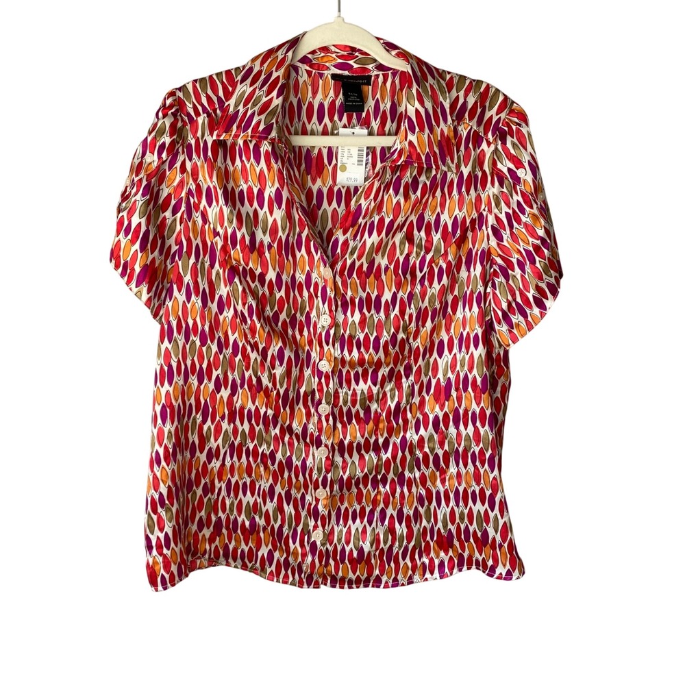Lane Bryant Womens 14/16 Red Orange Geometric Leaf Print Satin Blouse NWT‎